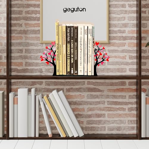 Tree Bookends with Heart-Shaped Leaves - Steel with Epoxy Coating and Wood Base - Decorative Pair of Book Holders for Shelves and Desk - Black with Red and Pink Accents – Geguton - color: Flower-heart Tree - Colorful
