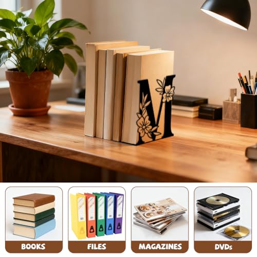 Peacoblue Metal Bookends for Shelves, Modern Decorative Heavy Duty Study Book Ends Stoppers for Office Desk Shelf, Room 5.3"x4.3"x7.1" Cast Iron Tall Bookends 1 Pair (Letter M with Flowers) - style: Letter M with Flower