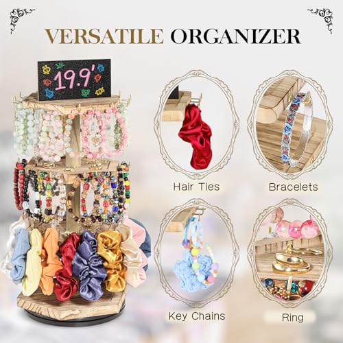 LadyRosian 3-Tier Wooden Rotating Jewelry Display Stand | Bracelet & Keychain Organizer with Advertising Board | 54 Hooks Rustic Holder for Vendor Booth & Stores (3-Tier Round Hexagon) - color: 3-Tier Sleek Round Organizer
