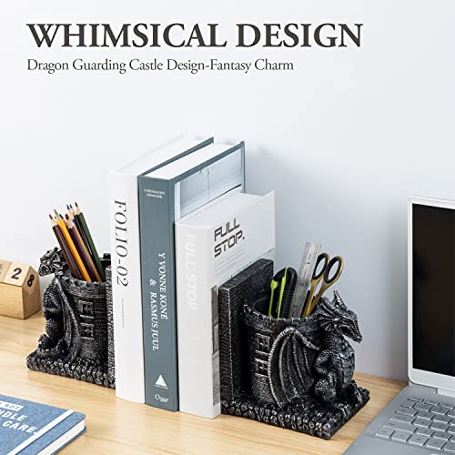Bookends Dragon, Gothic Black Resin Dragon Guarding Castle Pencil Cup Bookends, Office Desk Book Ends with Decorative Fantasy Dragons and Stone Tower Pen Holders, 1 Pair - color: Black