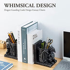 Bookends Dragon, Gothic Black Resin Dragon Guarding Castle Pencil Cup Bookends, Office Desk Book Ends with Decorative Fantasy Dragons and Stone Tower Pen Holders, 1 Pair - color: Black