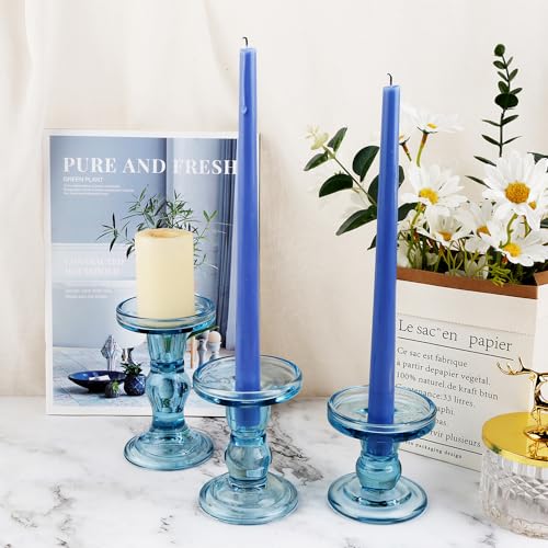 3-Piece Set of Blue Glass Candlestick, Crystal Candlestick Holder Holder and Conical Candle, Christmas Candle Holder Decoration, Family Living Room Wedding Candle Holder (Blue) - color: Blue