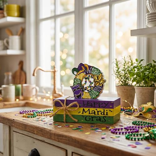Smile Mardi Gras Wooden Decor, Wreath Mask & Fleur - de - Lis Books, Mardi Gras Indoor Decoration - style: Mask