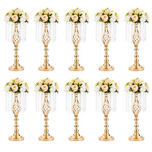 10 Pcs 19.3 inches Tall Crystal Flower Stand Wedding Road Lead Tall Flower Holders Centerpiece Crystal Flower Chandelier Metal Flower Vase for Reception Tables Wedding Supplies - color: Gold, size: Medium - 10 Pcs