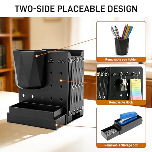 2 PCS Adjustable Bookends,19" Metal Book Ends for Heavy Books with Removable Pen Holder, Tray, and 4 Hook-up, Book Shelf Holder for Office, School, Bookstore, cookbooks