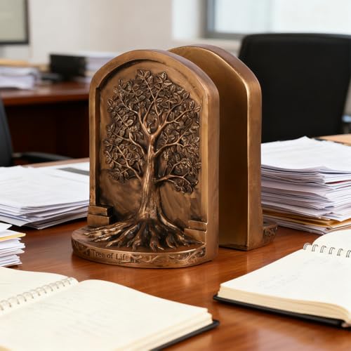 Large Vintage Tree of Life Bookends Set – 2 Non-Skid Heavy Bookends, Antique Bronze Finish Resin Decorative Bookends for Heavy Books, Office, Library, Bookshelf, Living Room, Housewarming Gift - color: Vintage Brass Tone