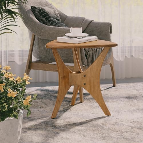 COZAYH Modern Triangle Wood End Table with Cross-Leg Rubberwood Base, Mid-Century Small Accent Side Table for Living Room, Easy Assembly, Natural, Brown