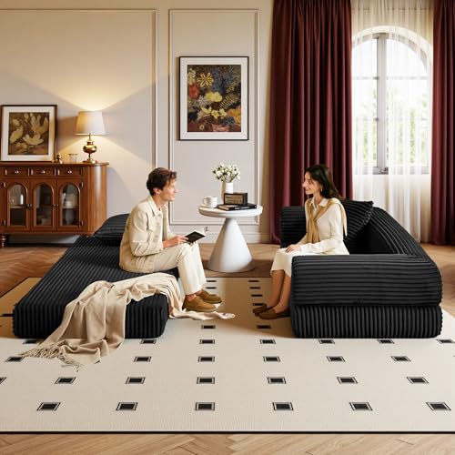 Boneless Couch Versatile Couches for Living Room No-Install Sofa Bed Corduroy Futon Soft Cloud Couch with Pillows for Bedroom Game Movie (Black, 76") - color: Black