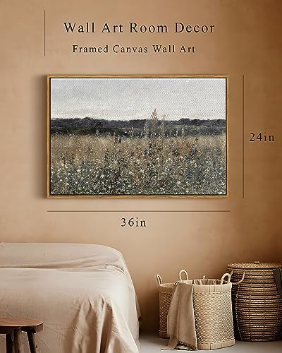 InSimSea Framed Canvas Wall Art Vintage Decor, Landscape Wall Art, Meadow with Flowers Art, Modern Farmhouse Decor, Cottagecore Bedroom Bathroom Office Decorations, 24"x36" - color: Champ Fleuri, size: 36"L x 24"W