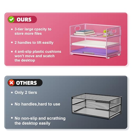 Marbrasse 3 Tier Paper Organizer Letter Tray, Mesh File Organizer with Handle, Paper Sorter Desk Organizer for Home Office Supplies(Pink) - color: Pink