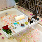 Bathtub Caddy Tray for Luxury Bath - Bamboo Waterproof Expandable Bath Table Over Tub with Wine and Book Holder and Free Soap Dish (White) - color: White