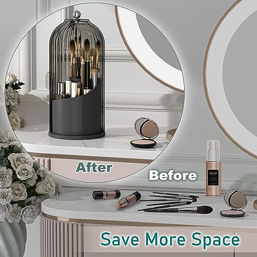 GAXmi Makeup Brush Holder with Lid Cosmetic Tools Organizer 360 Rotating Waterproof Dustproof Beauty Brushes Storage for Vanity, Black-Grey - color: Black-Grey