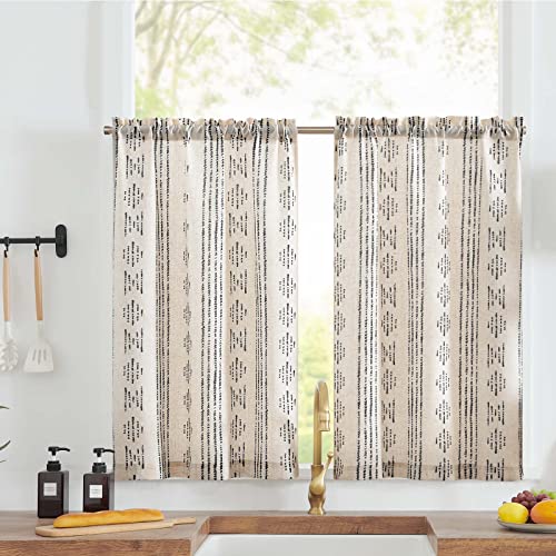 jinchan Boho Kitchen Curtains Linen Tier Curtains Bohemian Cafe Small Drapes Striped Mudcloth Farmhouse for Bathroom RV Camper Light Filtering Rod Pocket 2 Panels Black on Beige - color: Boho Black on Beige, size: 26"W x 24"L (Pack of 2)