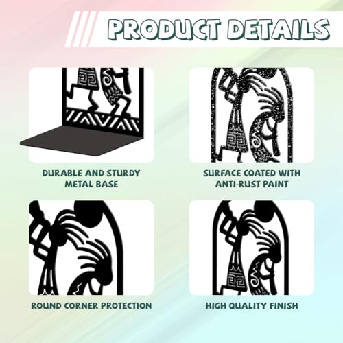 Peacoblue Metal Bookends for Shelves, Modern Decorative Heavy Duty Study Book Ends Stoppers for Office, Desk, Shelf, Room 5.3"x4.3"x7.9" Cast Iron Tall Bookends 1 Pair (Kokopelli Tribal-Flute Player) - style: Kokopelli Tribal-Flute Player