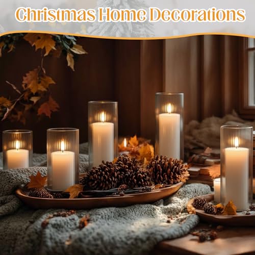 12 Pcs Wedding Pillar Candles and Ribbed Glass Candle Holder Vases Tall Cylinder Holders for Pillar Candle Clear Ribbed Bud Vase for Wedding Table Centerpiece, Total 6 Sets