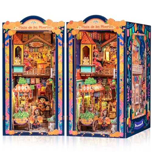 Cutefun Book Nook Kits for Adults Mexican Art and Culture, DIY Miniature Dollhouse Kit for Bookshelf Insert Decor with LED, 3D Wooden Puzzle Booknook for Teens Creative Gifts (Plaza de Los Muertos) - style: Plaza de Los Muertos