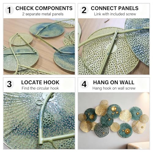 Large 3D Metal Wall Art, 50"L x 26"W Modern Blue & Gold Lotus Leaf Wall Sculpture, Luxury Coastal Home Decor for Living Room Bedroom, Elegant Gift for Housewarming Wedding Mother's Day for Homeowners