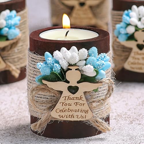 Ju's Favors Wooden Candle Holders Set of 10 for Baptism Favors for Guests, Christening Party Favors. (Dark brown - blue) - color: Dark Brown - Blue
