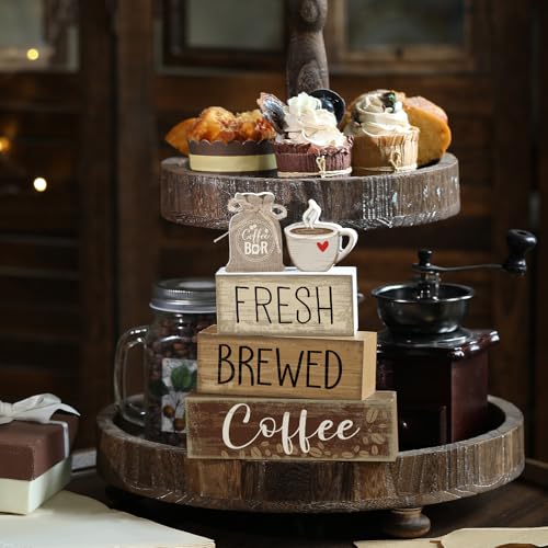 Yuntau 5 Pcs Wooden Coffee Bar Decor Cocoa Tiered Tray Decor Rustic Wood Bar Sign Gift Farmhouse Table Top Centerpiece Stacks Block Sign for Home Shelf Mantel Kitchen - style: Coffee Bar