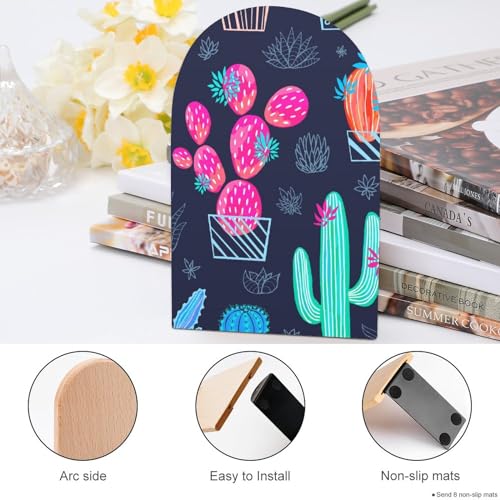 Wooden Bookends 2 Pcs,Abstract and Colorful Cactus Plants Heavy Duty Office Book Ends Anti Slip Book Shelf Holder with Metal Base Decorative Book Stands - color: Abstract and Colorful Cactus Plants