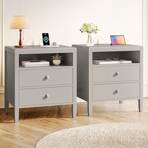 Huuger Grey Nightstand Set of 2, Night Stand with Charger Station, Bedside Table with 2 Drawers, Bed Side Tables for Bedroom, Modern Nightstands, Metal Knobs, Painted Surface - color: Grey