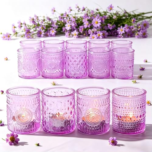 LETINE 16 Pack Purple Votive Candle Holders for Tea Lights Candles, Assorted Glass Candle Holder Bulk Set with 4 Patterns for Home Decor, Parties & Spring Summer Wedding Centerpieces - color: Purple