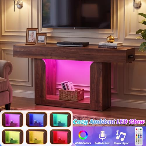 Homieasy Console Table, 63" Entryway Table with LED Lights & Charging Station, Farmhouse Wooden Sofa Table Behind Couch, Narrow Hallway Table for Living Room, Foyer, Entry, Rustic Oak - color: Rustic Oak, size: 63"