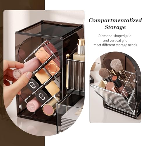 INVSSENE Stackable Makeup Organizer Countertop, Storage Perfume Skincare Cosmetic Lipstick Face Mask Makeup Brush Palettes, Ideal for Vanity Bathroom Counter - color: 3516 Coffee+Clear
