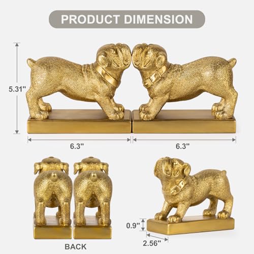 Decorative Bookends for Shelves, Dog Book Ends for Heavy Books, Bulldog Statues Bookends for Heavy Books with Anti-Slip Base Book Holders for Home Office Decor (Gold) - color: Gold