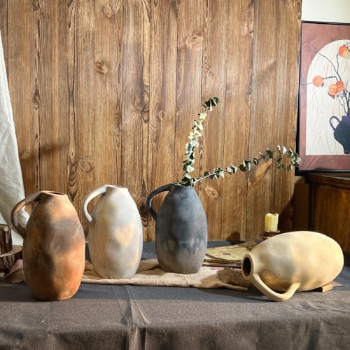 Ceramic Rustic Farmhouse Vase with Handle, 10.3 Inch Large Vintage Vase for Home Decor, Handmade Ceramic Flower Vases for Living Room, Kitchen, Office Farmhouse Centerpiece, Brown - color: Brown