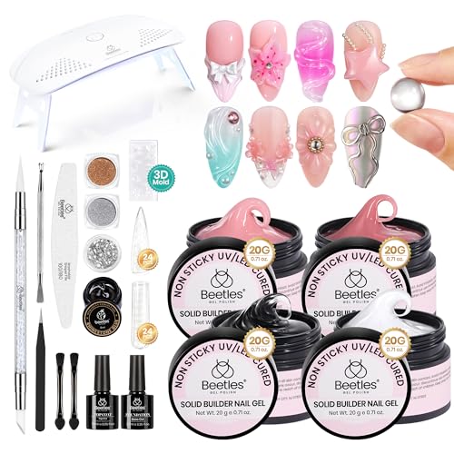 Beetles Solid Builder Gel for Nails,4 Colors Clear Pink White 3D Sculpting Gel Non-Sticky Hand Carving Nail Glue for 3D Nail Art with 3D Mold Chrome Powder Tools Salon DIY at Home,UV&LED Needed - color: Beetles Bubblegum Glow 3D Nail Art Gel Kit