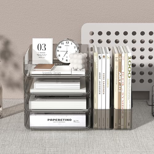 FANXIYQ 4-Tier Acrylic Paper Tray Organizer with Bookends | Clear Stackable Desk Organizer for Documents, Letters, A4 Paper | Modern Office/Classroom/Home Organization,Brown - color: Brown, size: 15.5" x 12.6" x 11"