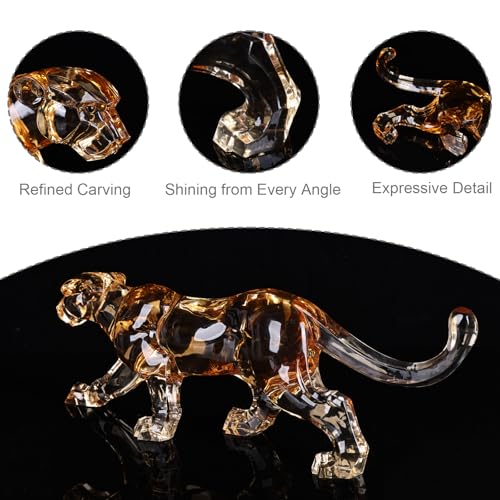16" L Acrylic Cheetah Statue, Crystal Glass Finish Leopard Figurine, Gold Clear Jaguar Sculpture for Home Or Office Cool Decor, Large Luxury Panther Desk Animal Art African Statues