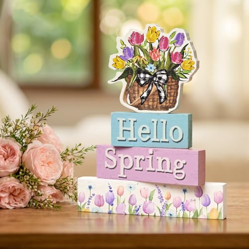 Smile Spring Wooden Indoor Decoration, Hello Spring, Floral Basket Wood Signs, Rustic Farmhouse Flowers Home Table Decor, Retro Centerpiece for Tiered Tray - style: Floral