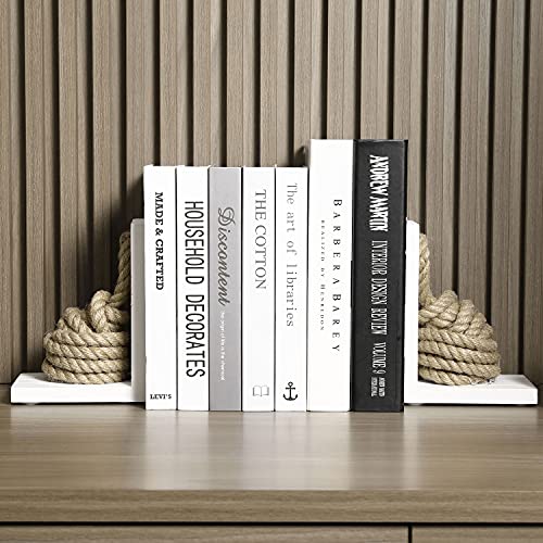 MyGift Vintage Decorative Bookends, Book Ends Shelf, L Shaped Office Desk Book Holder, Beach House Decor, White Solid Wood with Nautical Knot Rope, 2 Packs