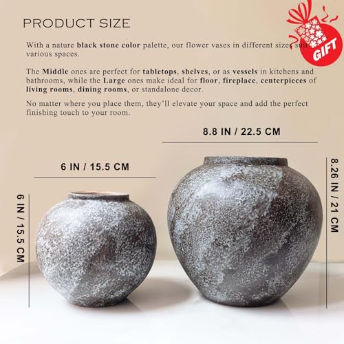 Large Rustic Black Stone Vase Home Decor - 8.8 in Ceramic Vintage Farmhouse Vases for Decor, Decorative Terracotta Round Clay vase for Living Room, Table, Shelf, Kichen Décor - style: Large Rustic Brush Black