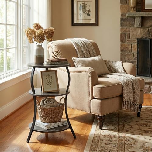 Vintage Small Round Side Table, 3-Tier Slim Waist Circular End Table with Storage Shelf, Compact Tea Sofa Side Table, Round Corner Coffee Table Nightstand for Living Room Bedroom Small Spaces,Grey - color: Grey, style: Classic
