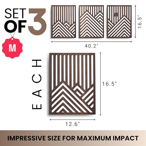 qmmp Modern Wooden Wall Sculptures - Set of 3 - Home Decor Accent - Large Wall Art for Living Room, Bedroom, Office - Easy Installation (Walnut, Medium - Mountain and Sun) - color: Walnut, size: Medium - Mountain and Sun