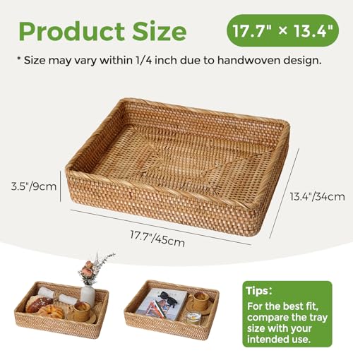 Wicker Storage Tray, Rattan Basket Rectangular for Bathroom Living Room, Decorative Serving Woven Trays Wicker Baskets for Organizing Home Decor XL(17.7" × 13.4") - style: XL (17.7" × 13.4")
