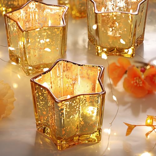 Letine 8pcs Gold Star Candle Holders Set - Elegant Tea Light & Votive Holders for Diwali, Weddings, Fall Decor - Mercury Glass Star Jars with Celestial Glow(2.44" Height) - color: Gold, size: 8pcs