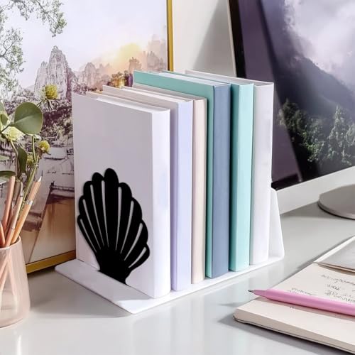 Peacoblue Metal Bookends for Shelves, Modern Decorative Heavy Duty Study Book Support Stoppers for Office, Desk, Shelf, Room 5.3"x4.3"x5.5" Cast Iron Simple Tall Bookends, 1 Pair (Shells) - style: Shells