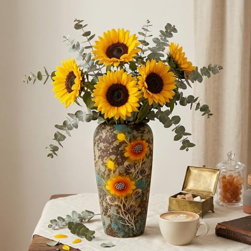 13.2 Inch Ceramic Flower Vase with Drainage Hole, Hand-Painted Sunflower Decorative Vase for Indoor & Outdoor Use, Available in Blue & Rust Color, Includes Rubber Stopper & Mesh Pad - color: Brown-sunflower