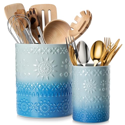 LOVECASA Utensil Holder, 7.2"+5.4" Ceramic Utensil Holder for Countertop, Large Cooking Utensil Crocks for Kitchen Counter, Farmhouse Utensil Vase for Housewarming, Kitchen Decor, Set of 2, Oceans - color: Oceans, size: 7.2"+5.4" (Set of 2)