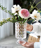BLOFLO Embossed Glass Vase, 7'' Crystal Glass Vases for Flowers, Pedestal Big Base Glass Bouquet Vase, Hydroponic Glass Transparent Vase for Home Office Wedding Dining Table Party - color: Diamond Pattern
