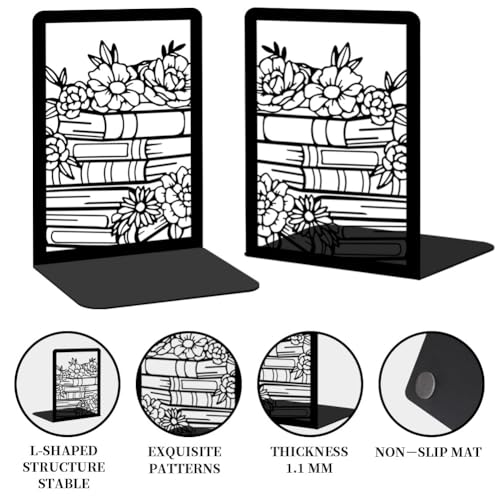Flowers and Books Thickening Iron Metal Bookends for Shelves, Literary Flavor Book Ends Decorative Books for Home and Office Book Display, Desk Organizer Bookend for Library Decor - style: Flower