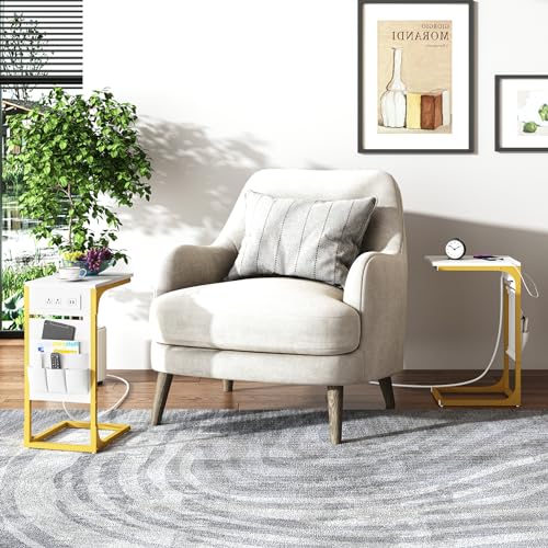 TUTOTAK C Shaped End Table with Charging Station, Side Table for Sofa, Couch Table with Storage Bag, Set of 2, TV Tray Table with 2 USB Ports and Outlets for Living Room, Bedroom, TB01BWG0242 - color: White and Gold, size: 2 Pack (11.8"W), style: With Plu