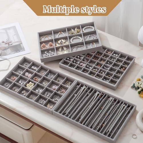 Large Jewelry Drawer Organizer Trays Set of 4, Stackable Velvet Jewelry Trays Organizer Holder Display Storage Showcase for Earring Necklace Bracelet Ring Accessary (Gray, 12+17+24+48 Grids) - color: Gray, size: 12+17+24+48 Grids