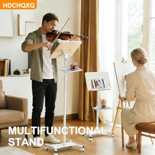 Floor/Desktop Standing Book Stand,Solid Wood, Music Stand for Sheet Music with Tray, 4 Lockable Casters, Reading Stand with Page Clips, Height from 20-51in, for Laptops, Bible/Cookbook - style: 20-51in pulley