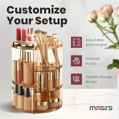 Masirs 360 Rotating Makeup Organizer - Adjustable Shelf Height and Fully Rotatable - The Perfect Round Spinning Cosmetic Organizer for Bedroom Dresser or Vanity Countertop Storage (Brown) - color: Brown