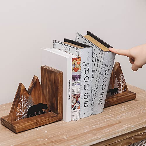 NIKKY HOME Heavy Duty Non Slip Rustic Woodland Mountain Wood Bookend Cute Bear Book Ends Book Stoppers for Cabin Decor Home and Office Shelves Children - color: Bear